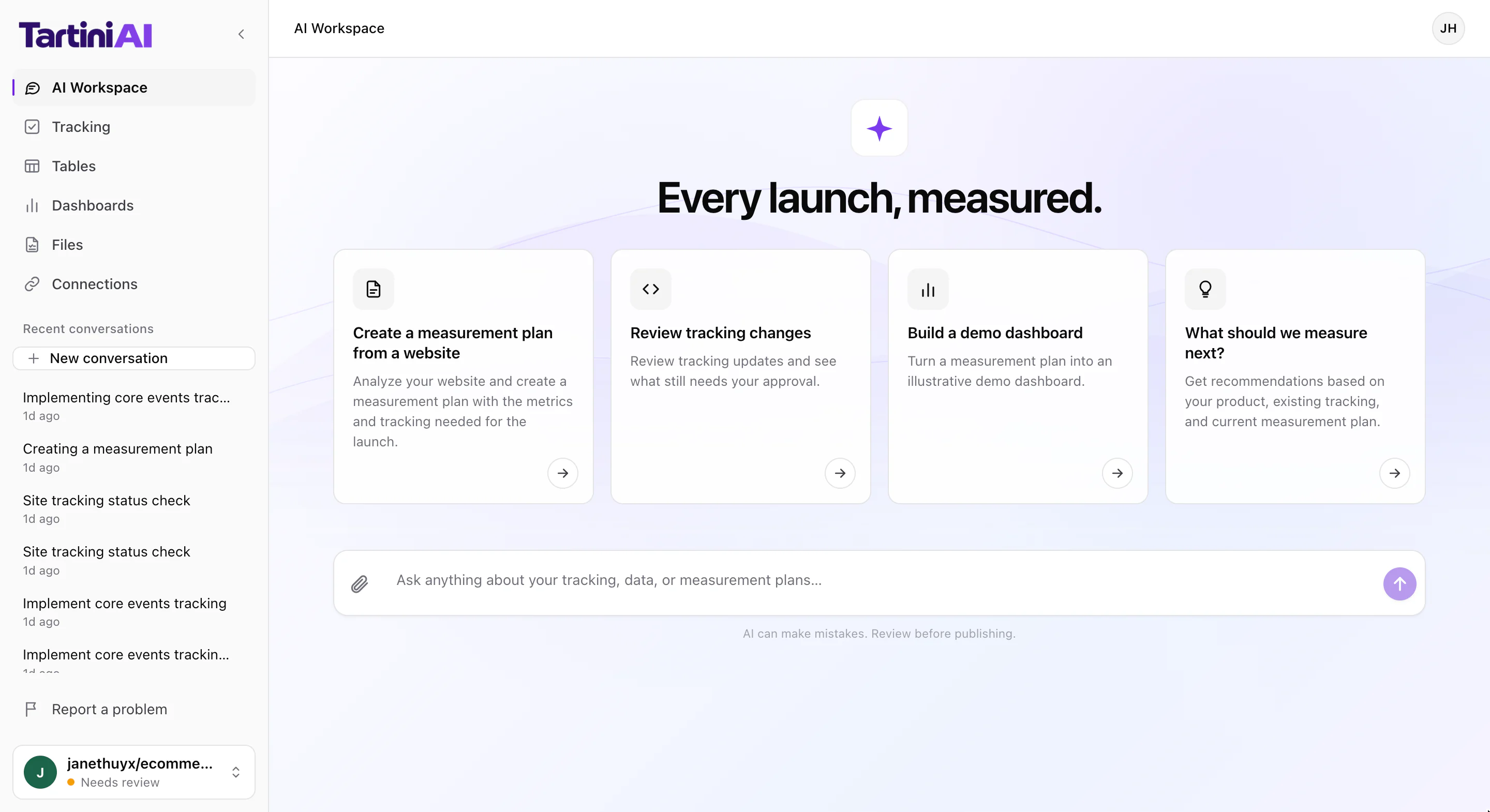 Tartini AI's home: the AI Workspace, with suggested starts and a box to ask anything about your tracking, data or measurement plans.